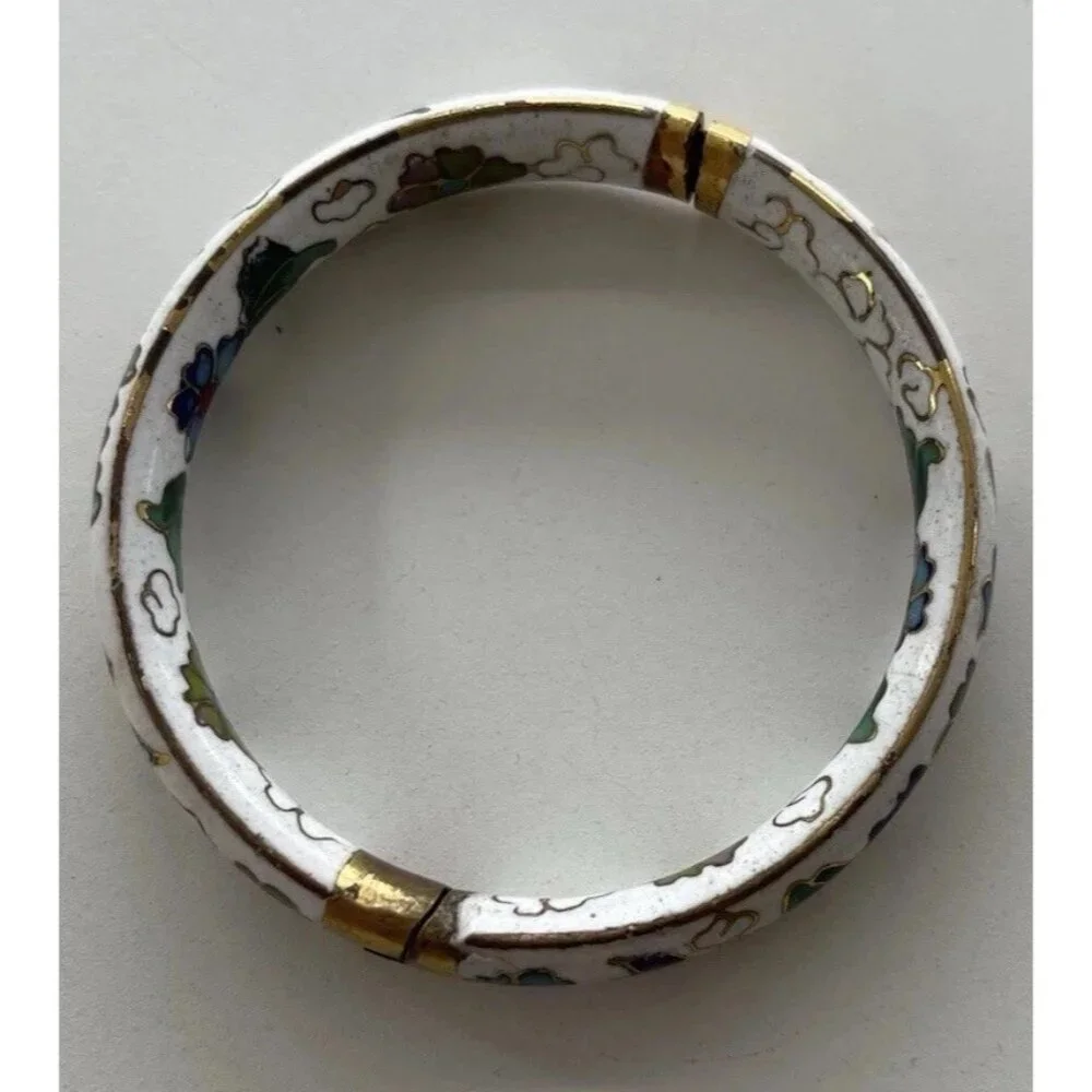 Vintage White Enamel Cloisonné Floral Blue Multi Color Hinged  Bangle Sz 7.5”